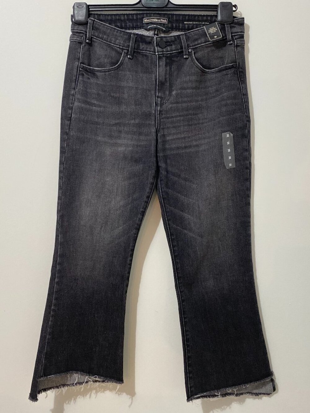 NWT Abercrombie and Fitch Black Grey Cropped Flare Denim Jeans with Step Hem